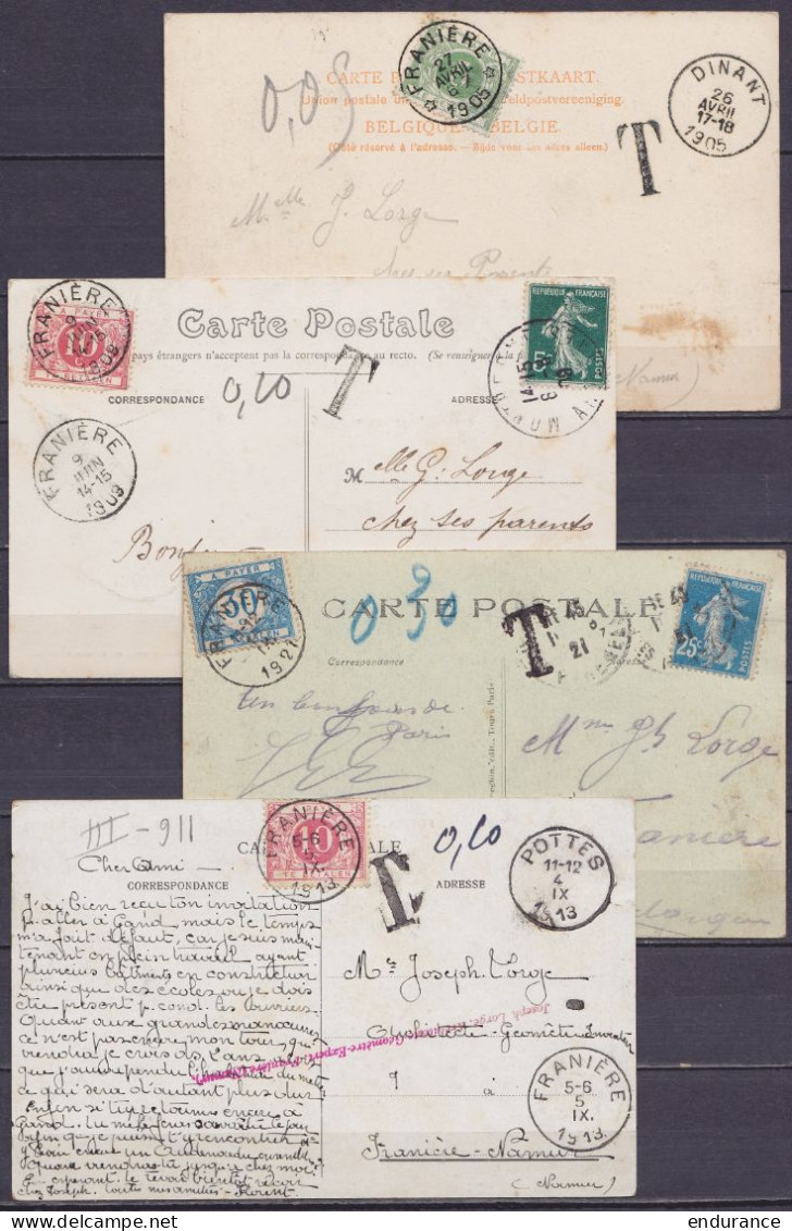Lot De 4 CP De DINANT 1905, POTTES 1913, MONTHERME 1909 & PARIS 1921 Pour Et Taxées à FRANIERE - Storia Postale