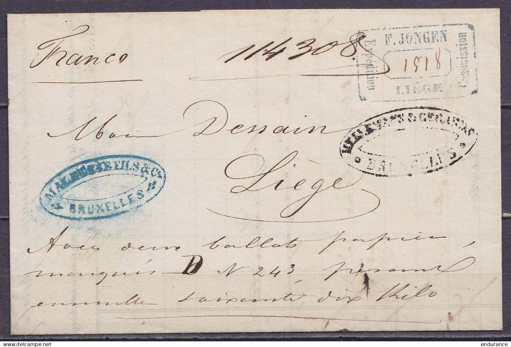 L. Acheminée Datée 21 Mai 1847 De Fabrique De Papiers Malherbe Fils & Cie BRUXELLES Pour LIEGE "avec Deux Ballots Papier - 1830-1849 (Belgio Indipendente)