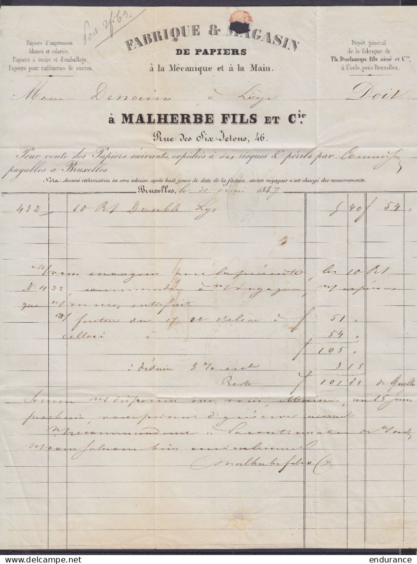 L. Acheminée Datée 21 Mai 1847 De Fabrique De Papiers Malherbe Fils & Cie BRUXELLES Pour LIEGE "avec Deux Ballots Papier - 1830-1849 (Belgique Indépendante)