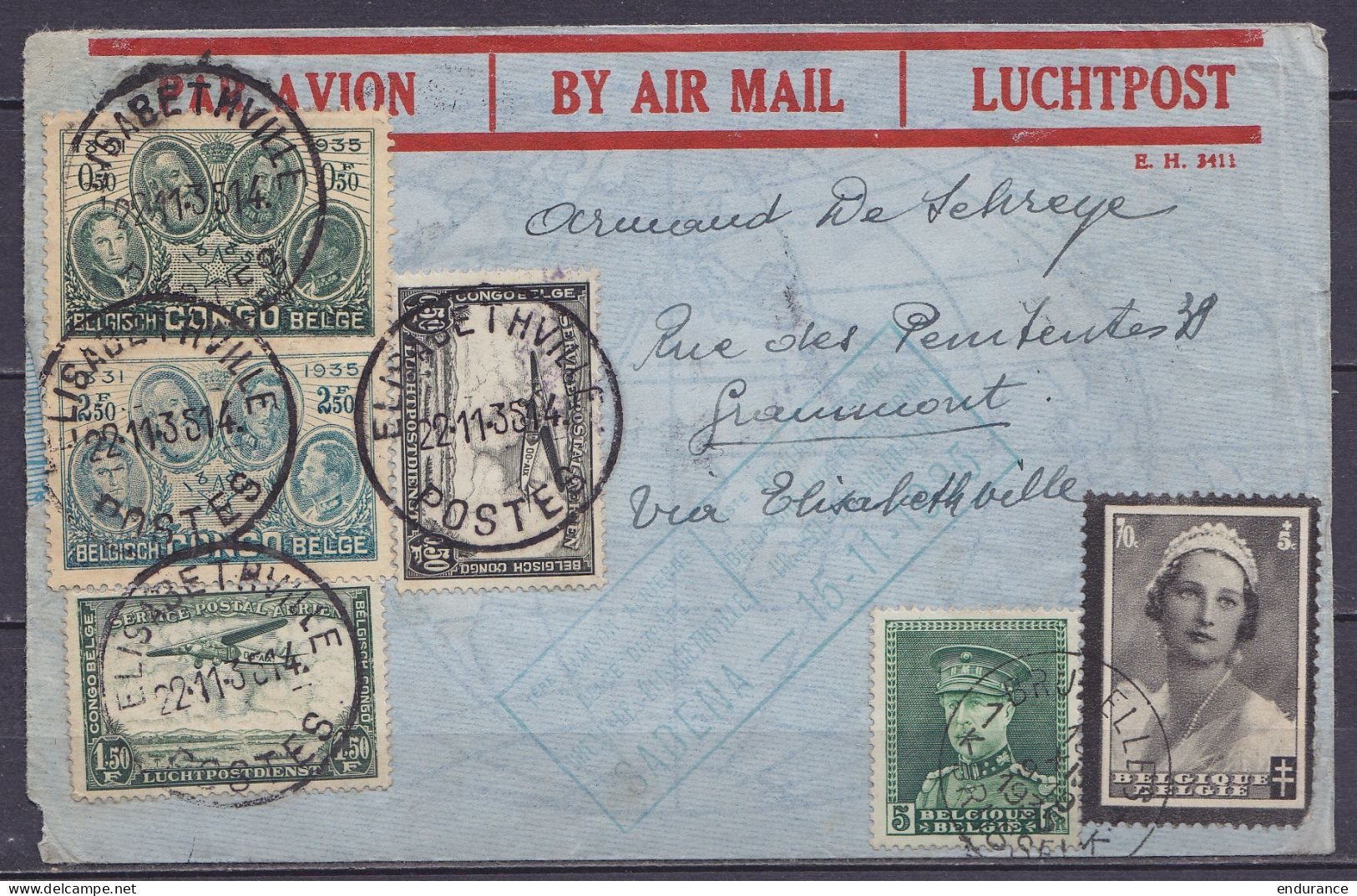 Env. Par Avion Affr. N°323+415 Càd BRUXELLES /15 XI 1935 Pour GRAMMONT Via Elisabethville (Congo) - Cachet [1ère LIAISON - Cartas & Documentos