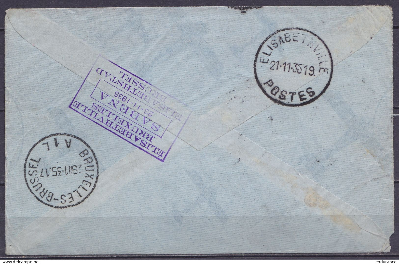 Env. Par Avion Affr. N°323+415 Càd BRUXELLES /15 XI 1935 Pour GRAMMONT Via Elisabethville (Congo) - Cachet [1ère LIAISON - Covers & Documents