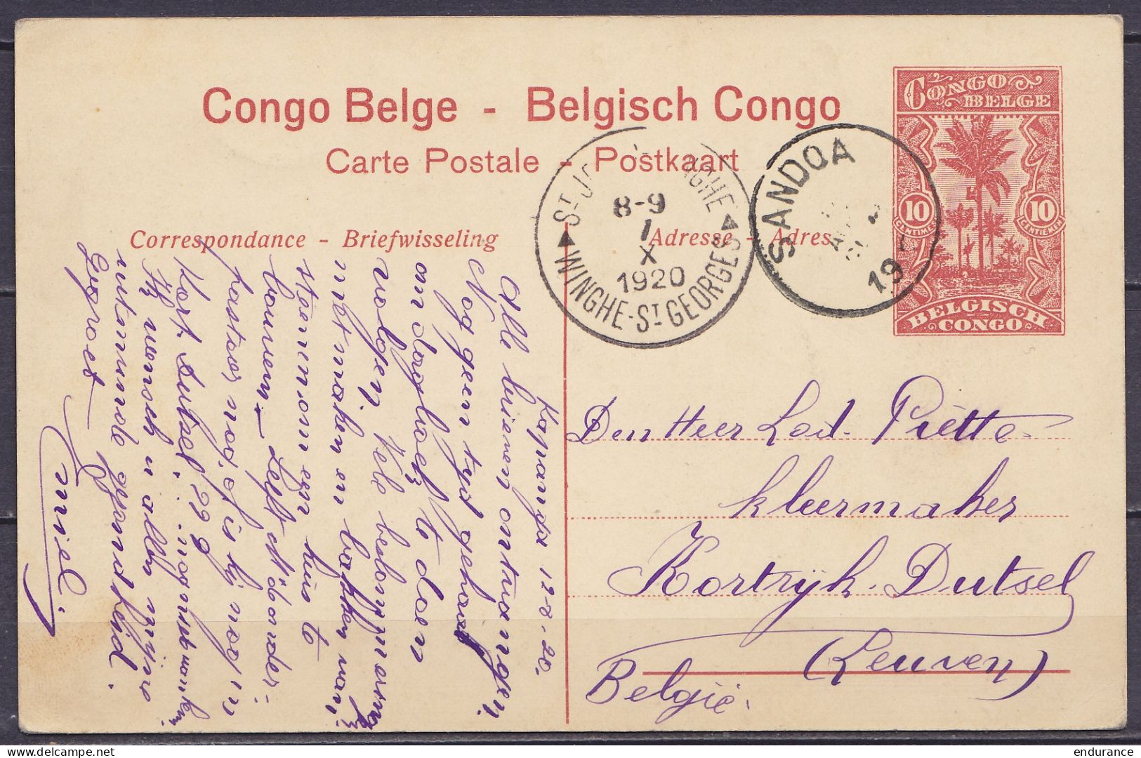 Congo Belge - EP Monts Ruwenzori CP 10c Rouge-brun Càd SANDOA /? AOUT 1920 Pour KORTRIJK DUTSEL (Leuven) - Càd Arrivée S - Ganzsachen