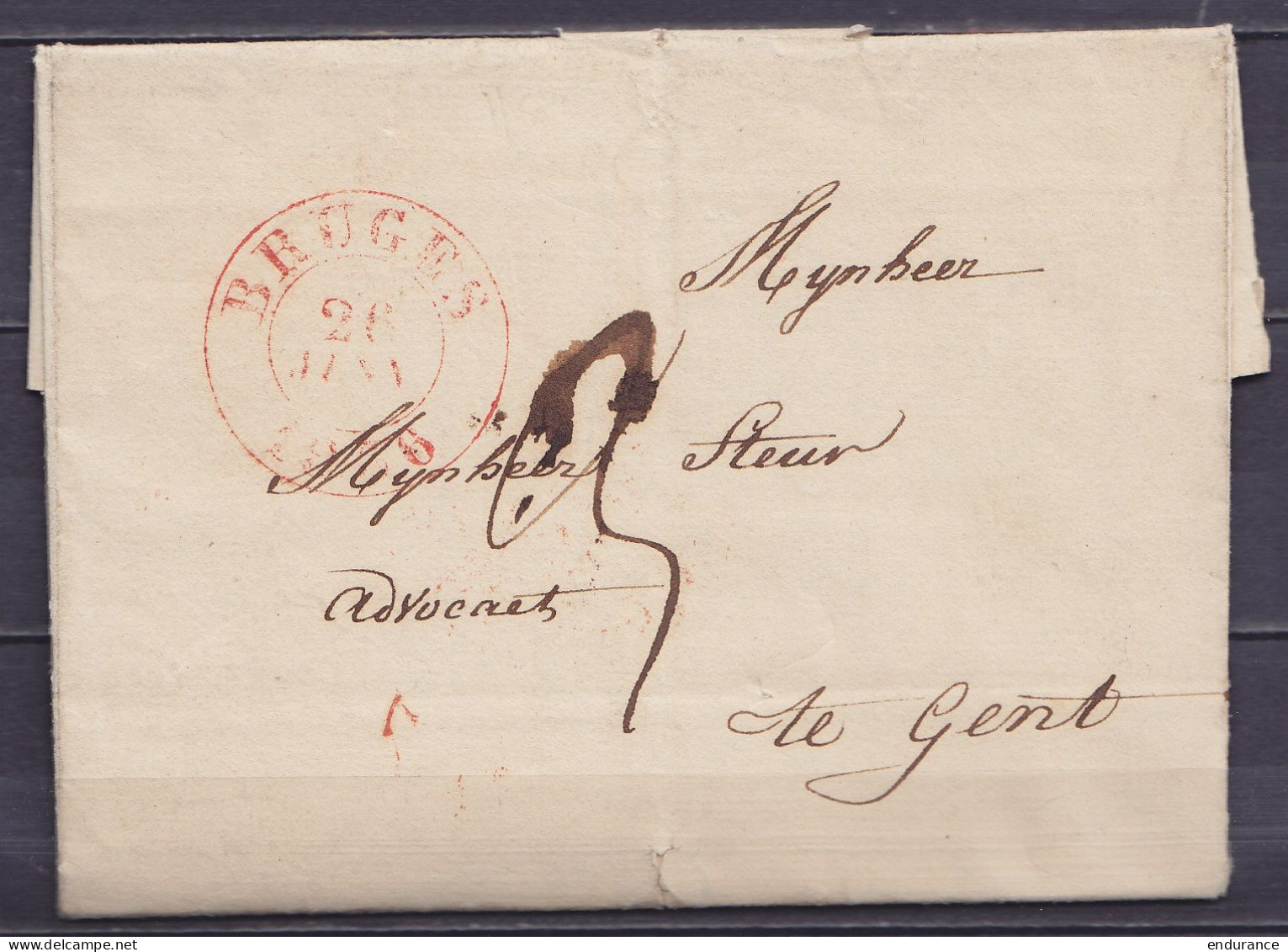 L. Càd BRUGES /26 JANV 1836 Pour GENT - Port "3" (au Dos: Càd Arrivée GAND) - 1830-1849 (Belgique Indépendante)