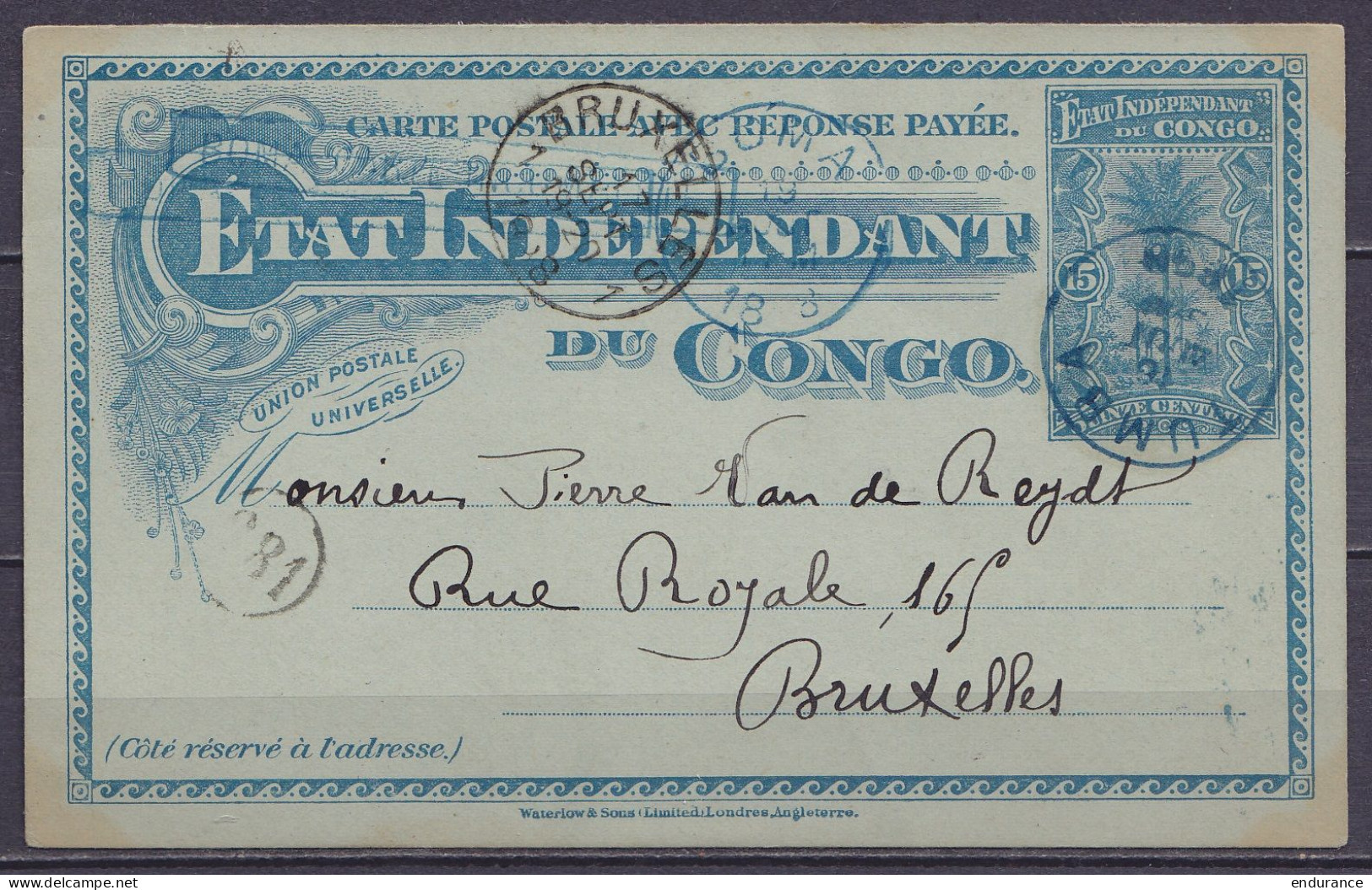 Etat Indépendant Du Congo - EP CP 15c Bleu Càd Bleu TUMBA /16 AOUT 1898 Pour BRUXELLES - Càd Passage BOMA & Arrivée BRUX - Enteros Postales