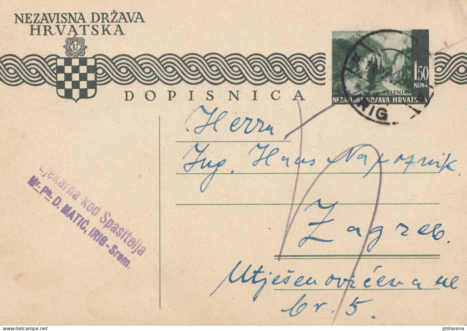 Jugoslawien: 1942: Ganzsache Irig-Srom Nach Zagreb - Autres & Non Classés