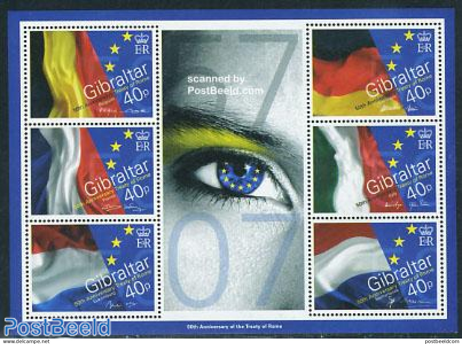 Gibraltar 2007 Treaty Of Rome 6v M/s, Mint NH, History - Europa Hang-on Issues - Flags - Idées Européennes