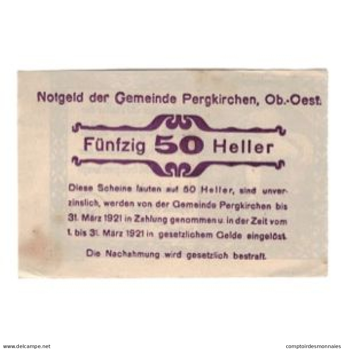 Billet, Autriche, Pergkirchen O.Ö. Gemeinde, 50 Heller, Texte, 1920 - Oesterreich
