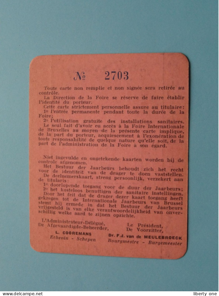 24e FOIRE / JAARBEURS Int. De BRUXELLES ( DIENSTKAART - CARTE De SERVICE ) Anno 1950 - N° 2703 ( Voir SCAN ) Belgique ! - Eintrittskarten