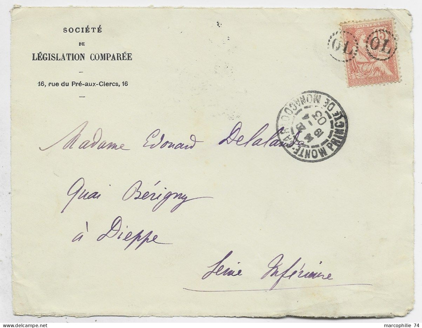 FRANCE MOUCHON 15C RETOUCHE OL POINTILLE X2 + TAD MONTE CARLO 19.4.1903 PRINC DE MONACO DEVANT LETTRE FRONT COVER - 1900-02 Mouchon