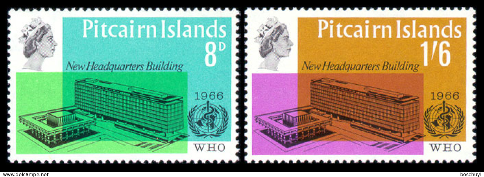 Pitcairn, 1966, WHO Building, World Health Organization, United Nations, MNH, Michel 62-63 - Islas De Pitcairn