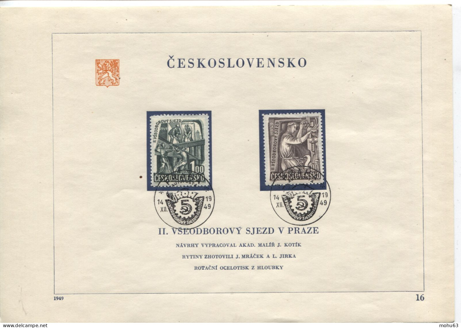 Tschechoslowakei # 597-8 Sonderblatt Gewerkschaftskongress Autoposta 14.12.49 - Cartas & Documentos
