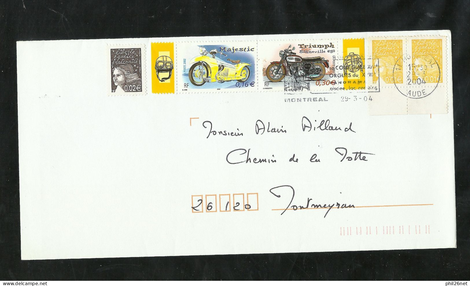 Lettre De Montréal D'Aude Le 29/03/2004 Les N° 3443 Paire 3444 Et Les  3510 Et 3515 Motos Se Tenant  B/  TB - Motorbikes