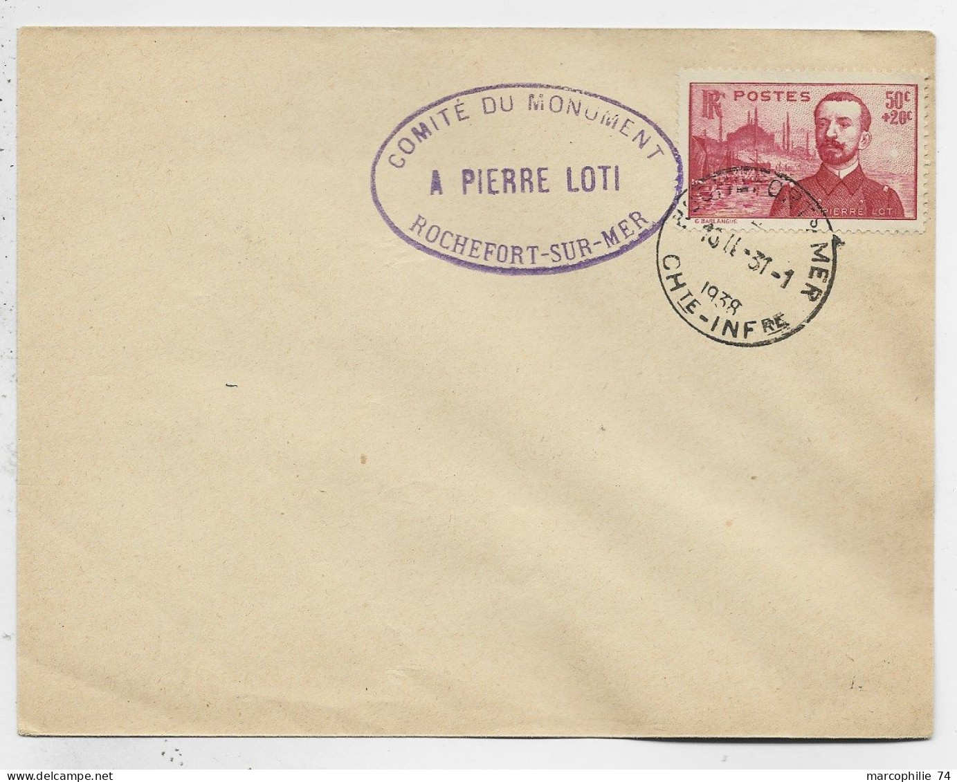 FRANCE  PIERRE LOTI 50C SURTAXE LETTRE ROCHEFORT SURMER 31.1.1938 + COMITE - ....-1949
