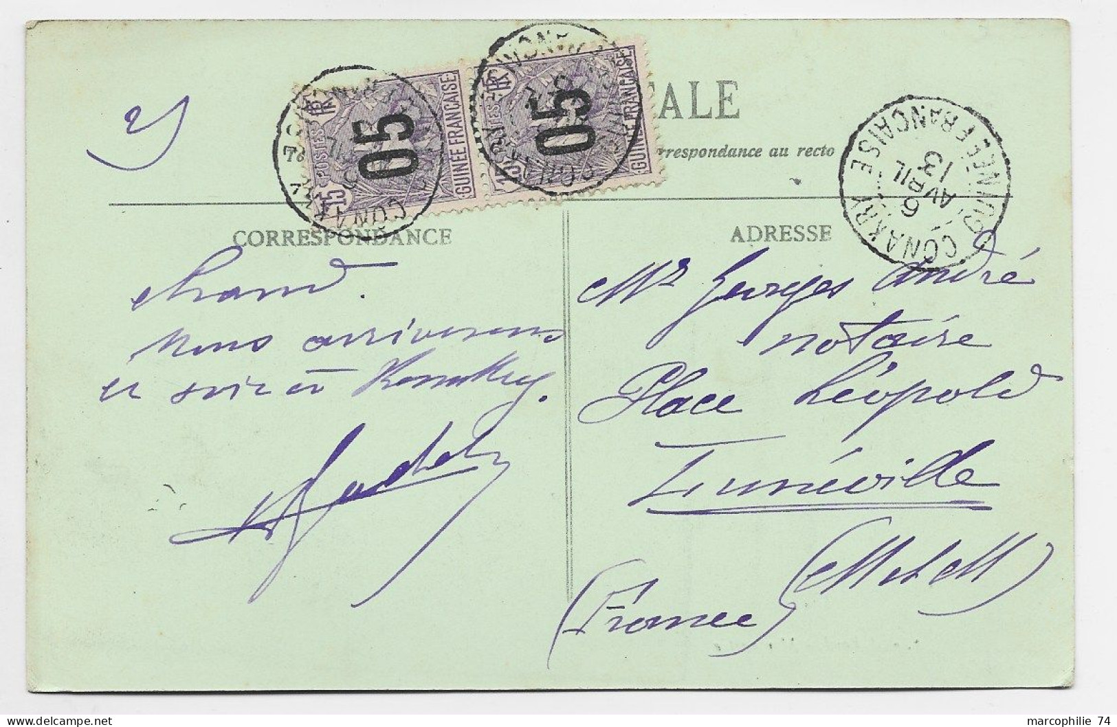 GUINEE FRANCAISE 05CX2 1DEFAUT  CONAKRY 6 FEVR 1913 CARTE A BORD MER AGITEE - Briefe U. Dokumente