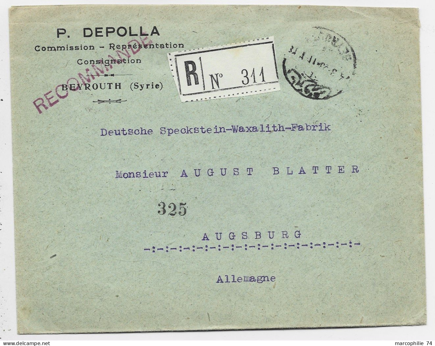 SYRIE OMF SEMEUSE 25C BANDE DE 4 AU VERSO  LETTRE COVER REC BEYROUTH1923  POUR ALLEMAGNE - Briefe U. Dokumente