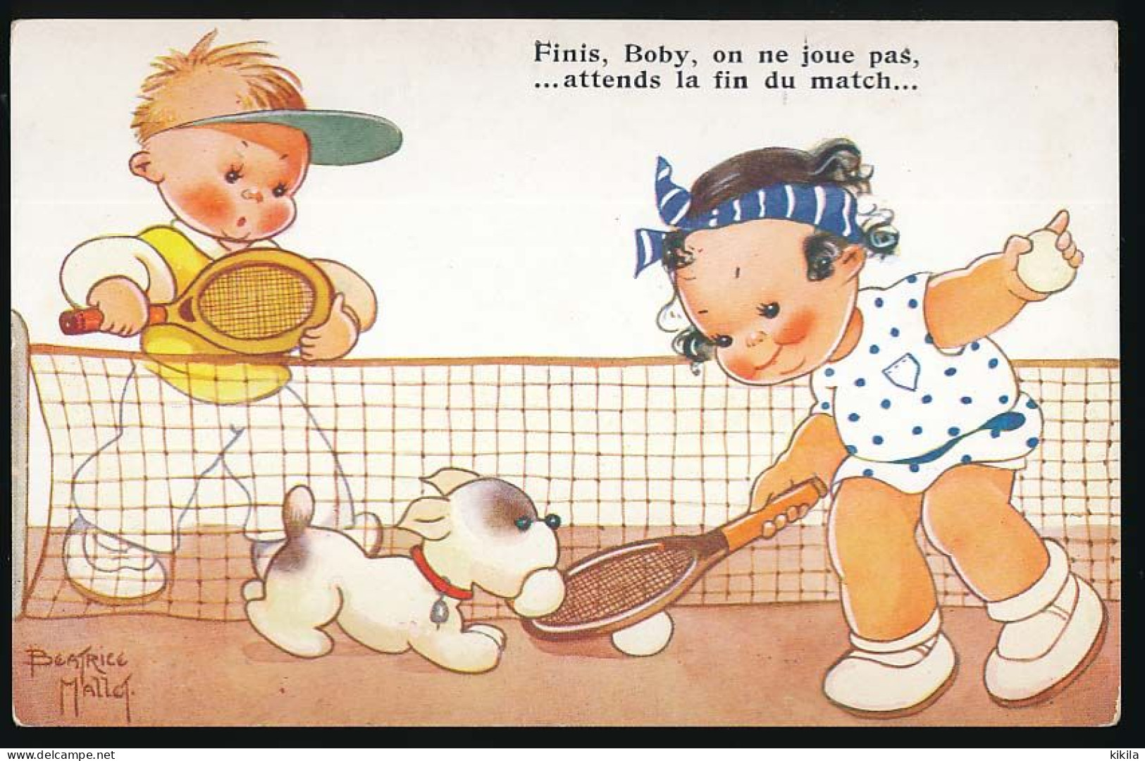CPA 9 X 14 Illustrateur BEATRICE MALLET "Finis, Boby, On Ne Joue Pas...attends La Fin Du Match"  Couple Chiot Tennis - Mallet, B.