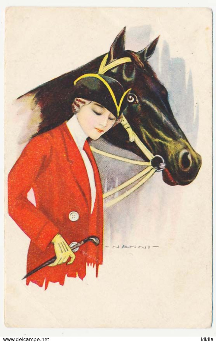 CPA 9 X 14 Illustrateur NANNI Buste De Femme Chapeau  Canne Cheval - Nanni