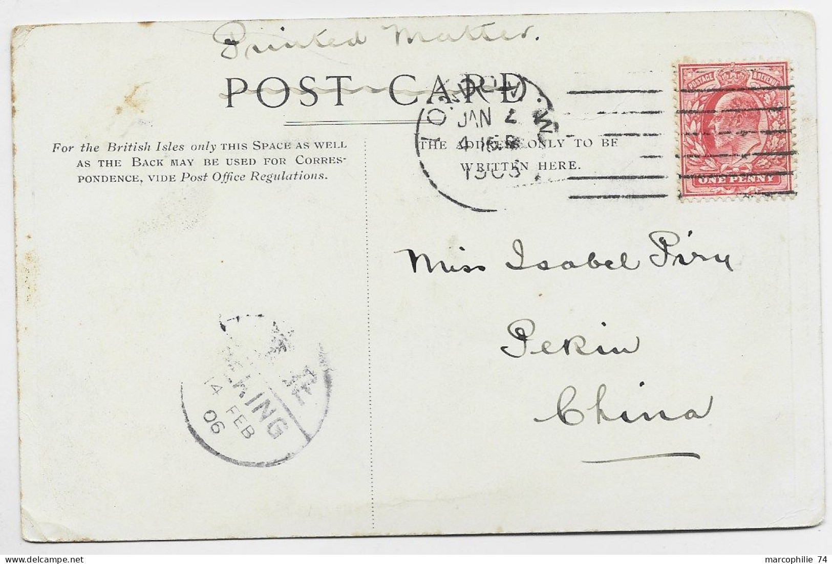 ENGLAND ONE PENNY SOLO LONDON  CARD  TO PEKIN CHINE CHINA - Briefe U. Dokumente