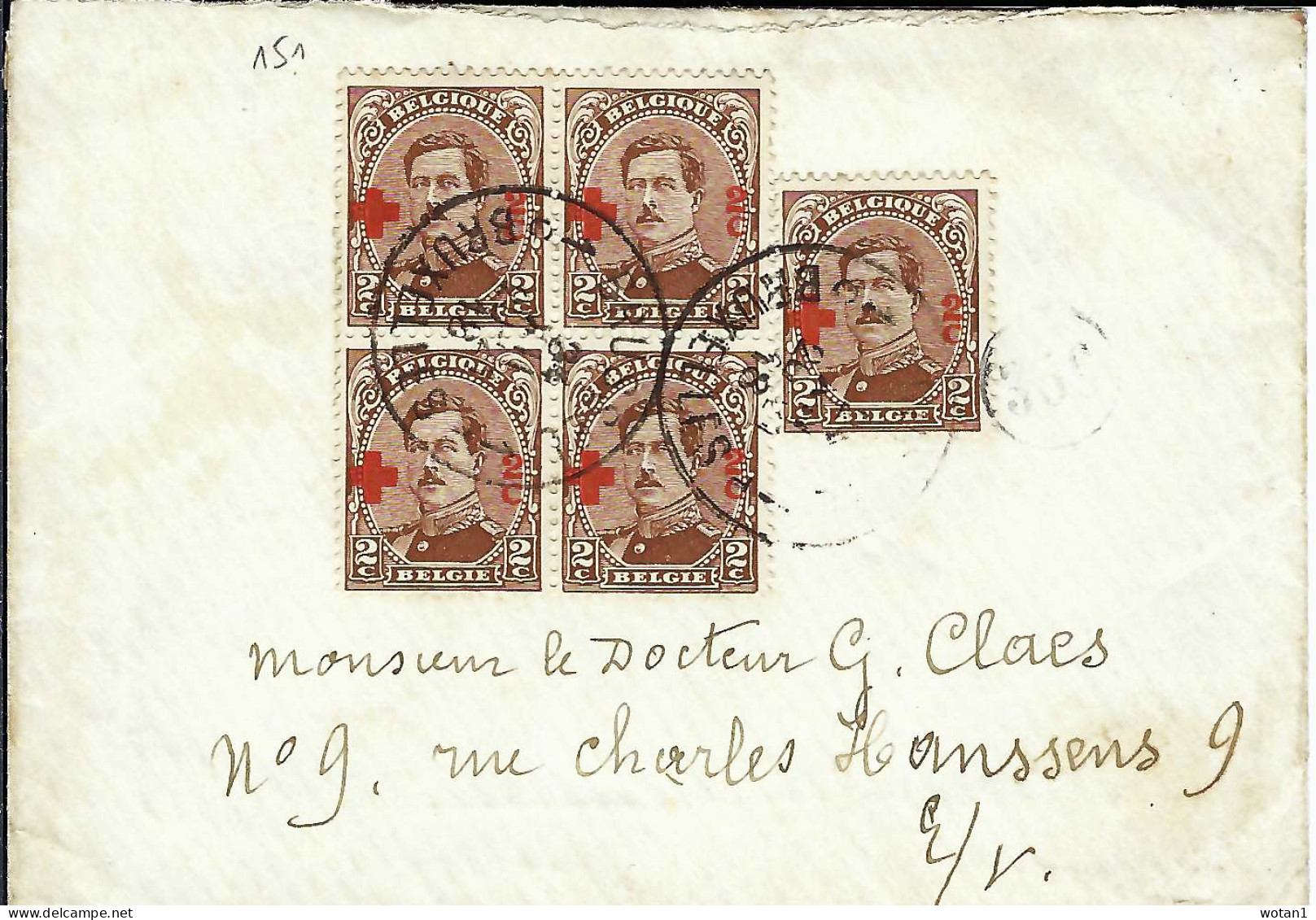 T.P. 151 (Bloc De 4 + 1) S/petite Lettre De BRUSSEL 1 Du 24-XII-18 à BRUXELLES - 1918 Red Cross