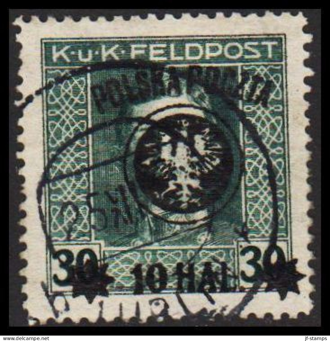1918. POLSKA. POLSKA POCZTA On K UND K FELDPOST 10 Hal / 30 H Perf. 12½. Black Overprint. (Michel 22a) - JF544101 - Oblitérés