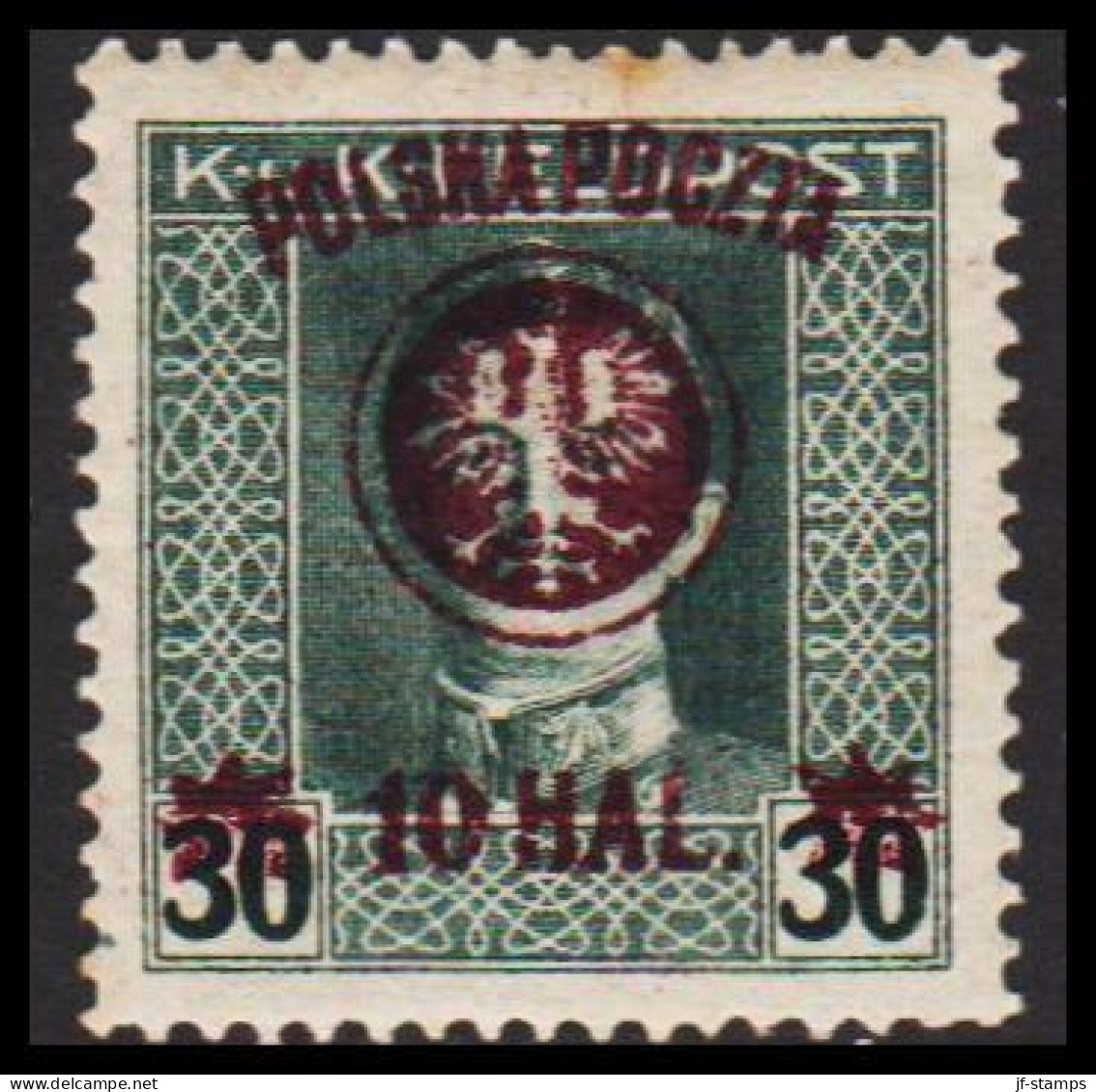 1918. POLSKA. POLSKA POCZTA On K UND K FELDPOST 10 Hal / 30 H Perf. 12½. Violet Overprint. Ve... (Michel 22b) - JF544102 - Nuevos