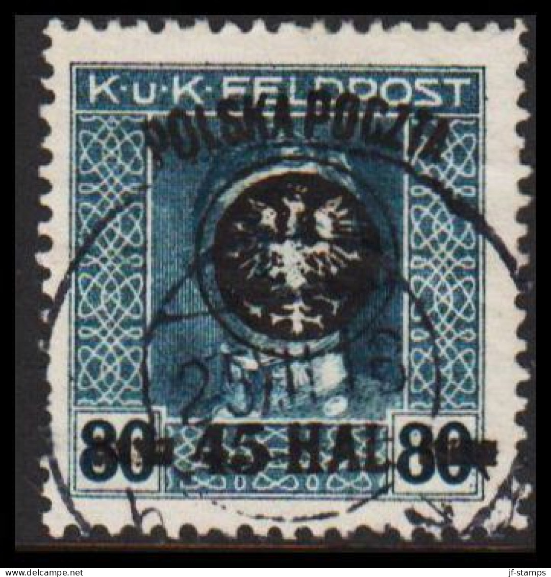 1918. POLSKA. POLSKA POCZTA On K UND K FELDPOST 45 Hal / 80 H Perf. 12½. Bars In The Overpri... (Michel 25 I) - JF544107 - Used Stamps