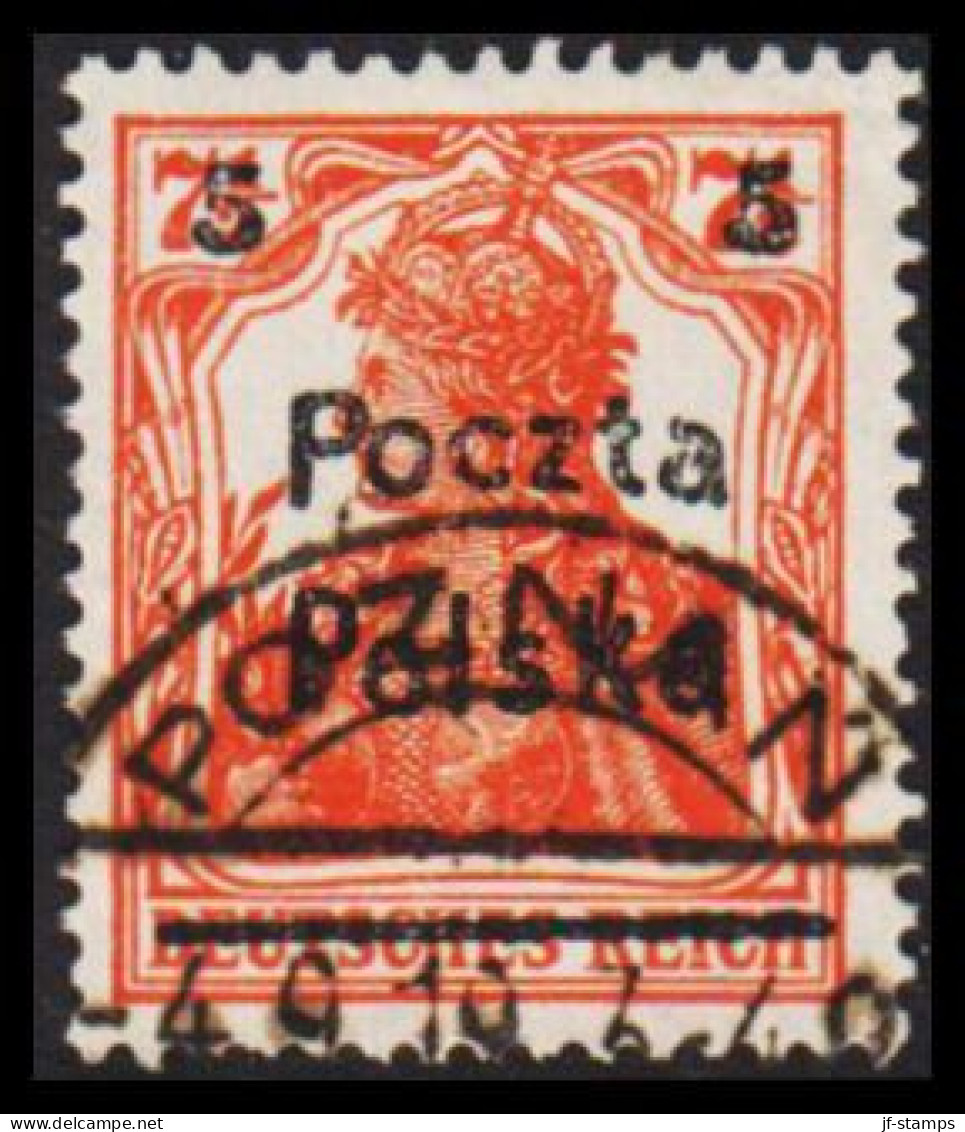 1919. POLSKA. Poczta Polska  5 5 Surcharge On 7½ Pf. Germania Luxus Cancelled POZNAN 4.9.19. (Michel 131) - JF544113 - Gebraucht