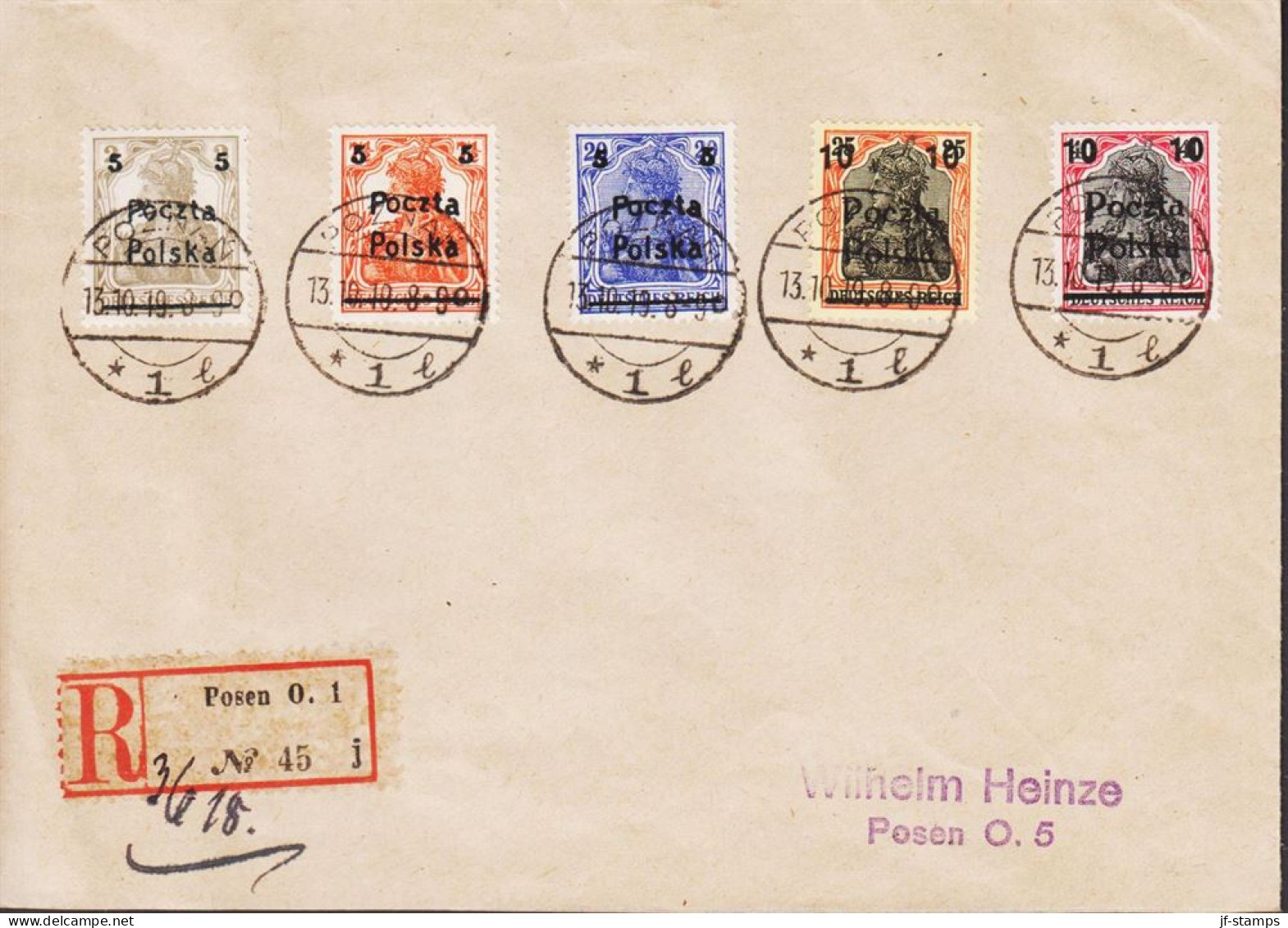 1919. POLSKA. Poczta Polska  Surcharge On Germania In Complete Set On Registered Envelope... (Michel 130-134) - JF544126 - Usados