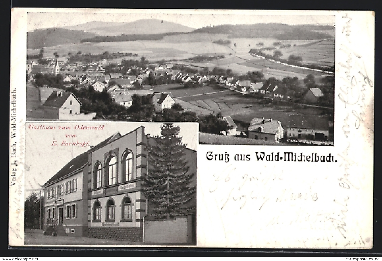 AK Wald-Michelbach, Gasthaus Zum Odenwald Von E. Farnkopf, Ortsansicht Aus Der Vogelschau  - Odenwald