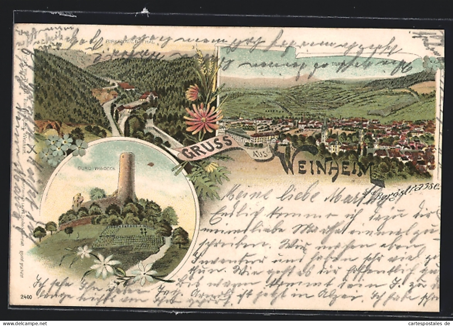 Lithographie Weinheim A. D. Bergstrasse, Ortsansicht, Burg Windeck, Birkenauer Thal  - Weinheim