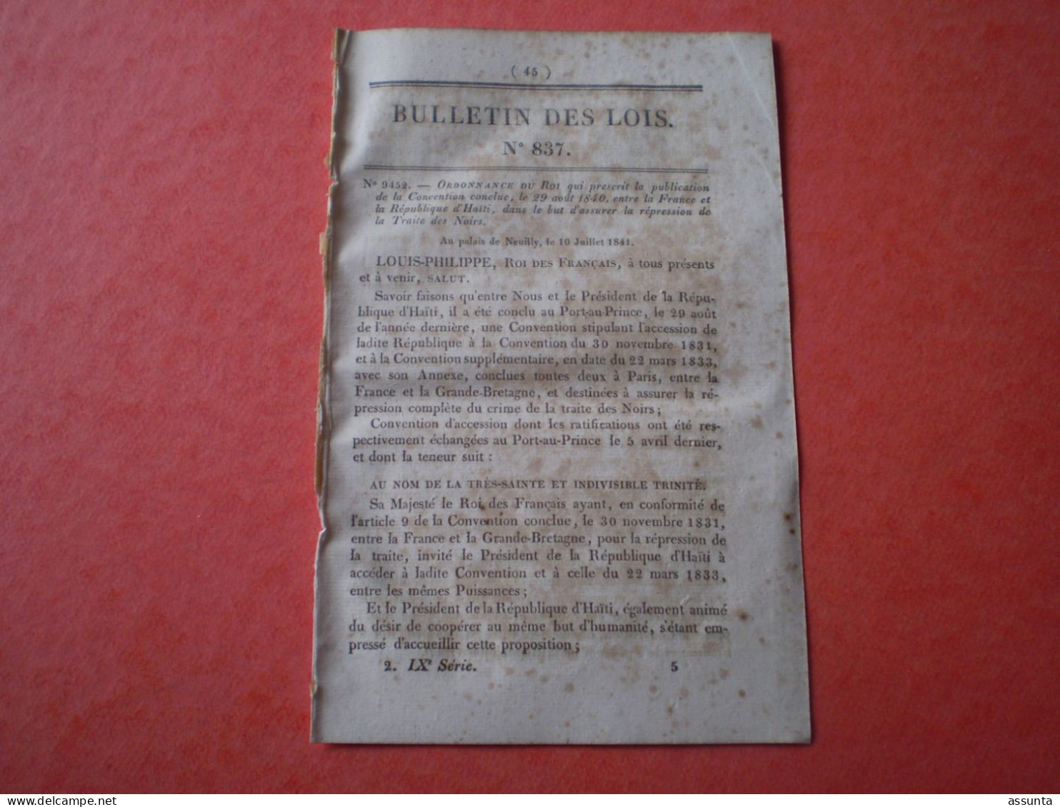 Lois 1841: Convention France Haïti Pour La Répression De La Traite Des Noirs. Encouragement Pêches Maritimes. Magistrat - Decreti & Leggi