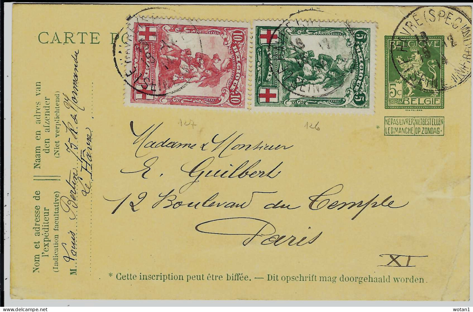BELGIQUE - E.P. 50 + T.P. 126+127 De LE HAVRE (SPECIAL) Du 16-12-14 à PARIS - Postkarten 1909-1934