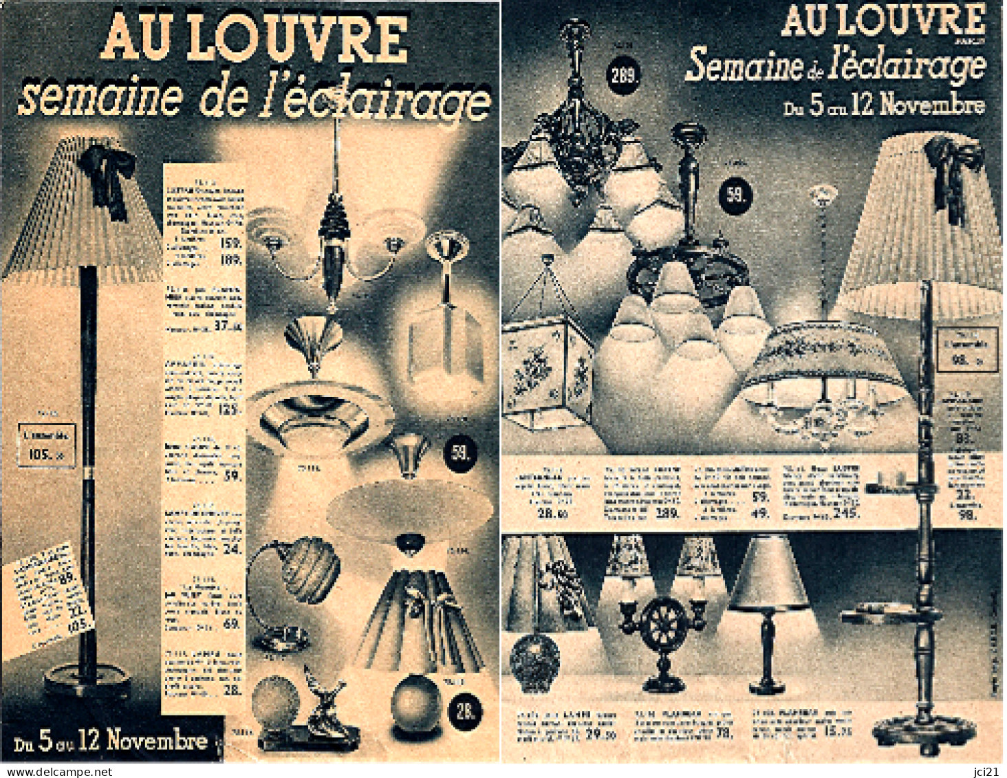 AU LOUVRE - Publicité De Novembre (1936 ?)- [Thème Eclairage, Lampe, Lampadaire, Lustre] (scan Recto-verso)_L4 - Electricité & Gaz