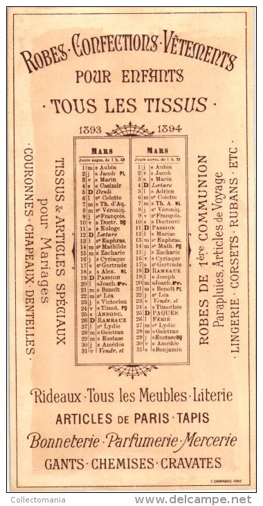 6 cards calendar calendrier Galeries Rémoises Reims 1893 18 94 chromos litho 11x20,50cm Edit.Champenois Paris