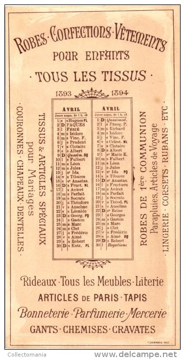 6 cards calendar calendrier Galeries Rémoises Reims 1893 18 94 chromos litho 11x20,50cm Edit.Champenois Paris