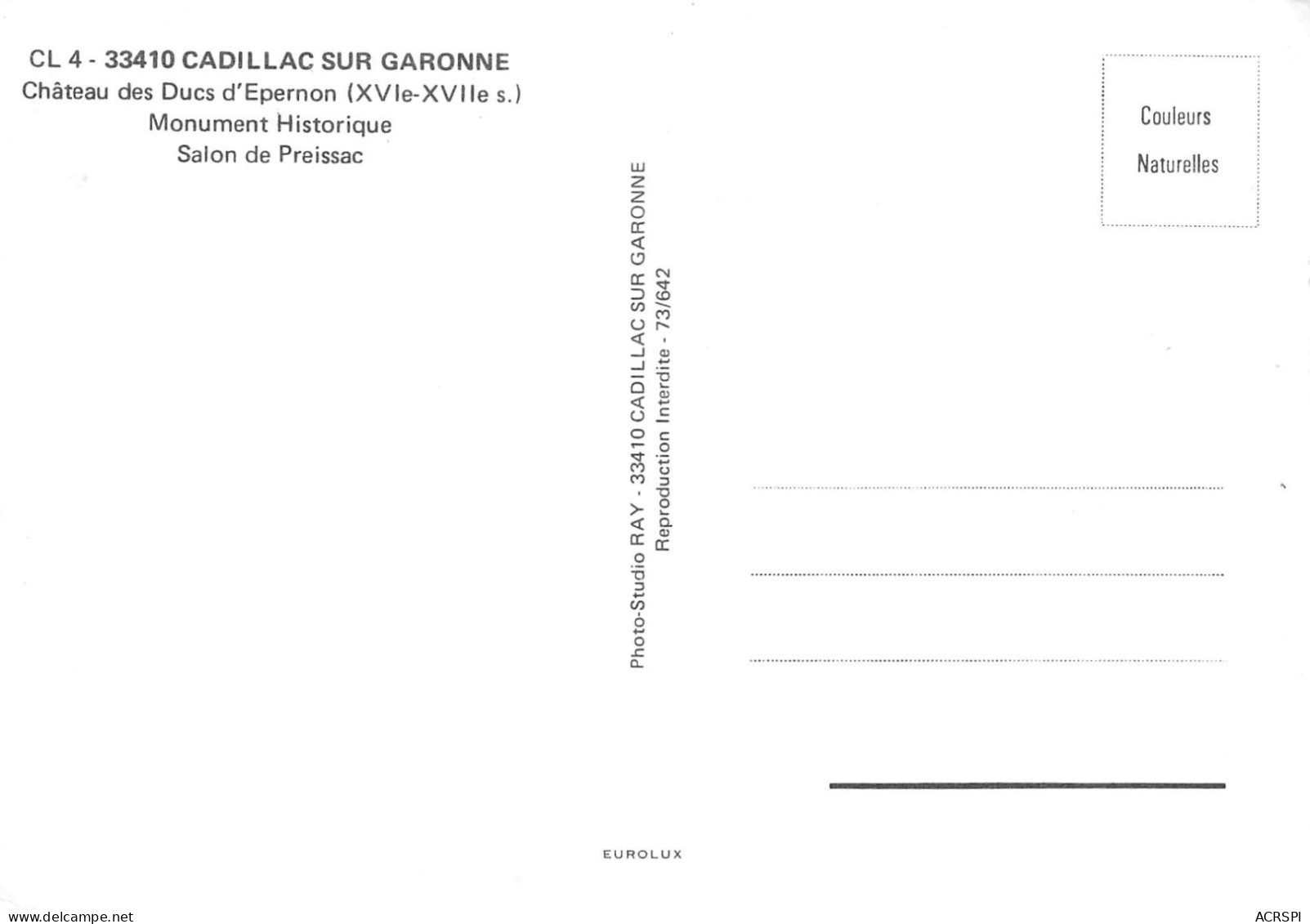 33 CADILLAC SUR GARONNE Chateau Des Ducs D' Epernon Salle De Preissac  49 (scan Recto Verso)MF2768TER - Cadillac