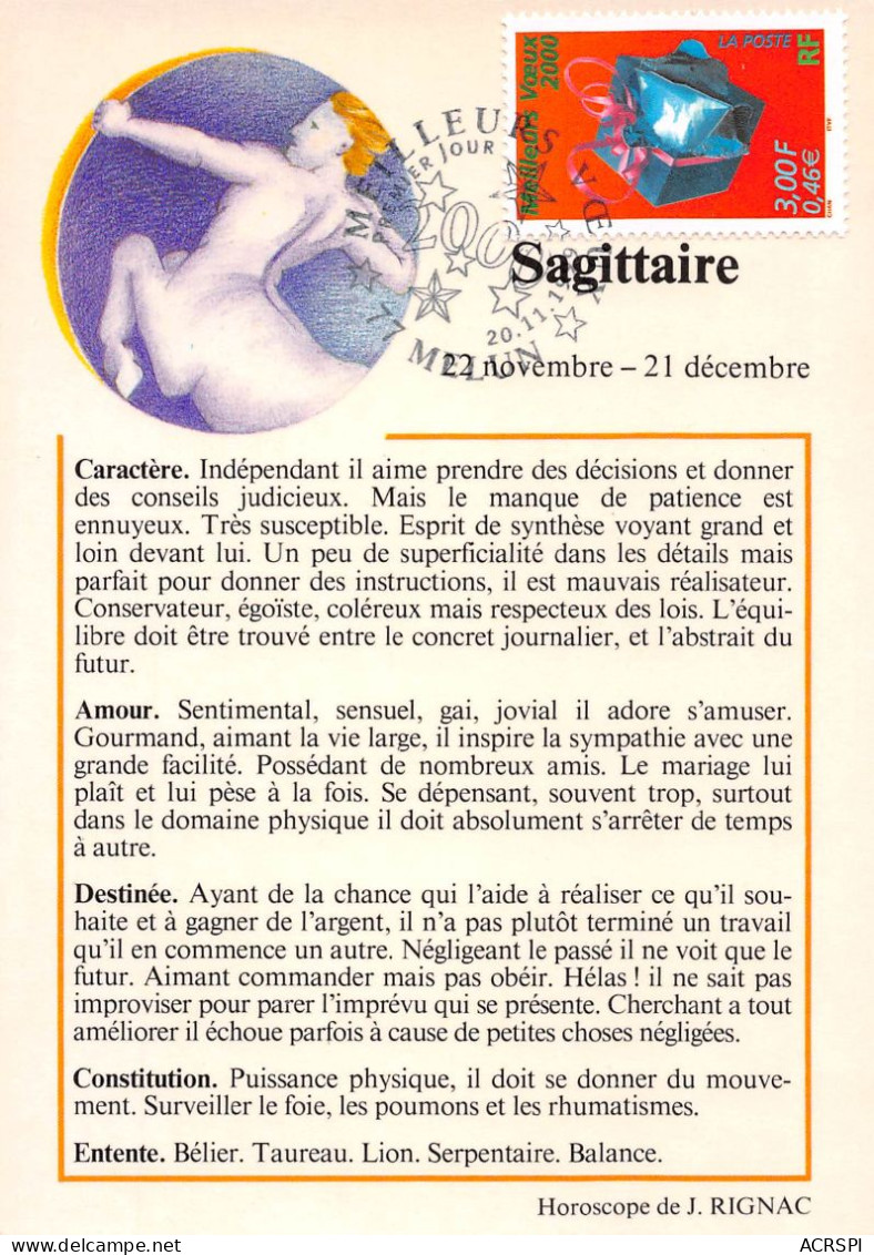 Carte MAXIMA 1er Jour Astrologie Le Sagittaire  21 (scan Recto Verso)MF2770BIS - Astrología