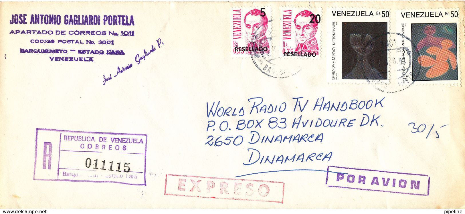 Venezuela Registered Cover Sent  Express To Denmark 19-8-1992 Overprinted Stamps - Venezuela