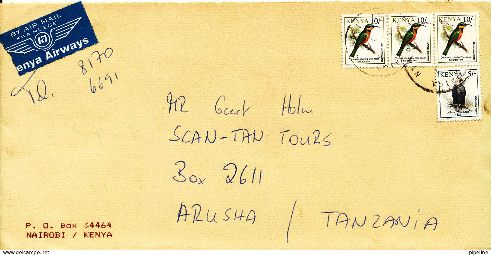 Kenya Cover Sent Air Mail To Tanzania Bird Stamps - Kenia (1963-...)