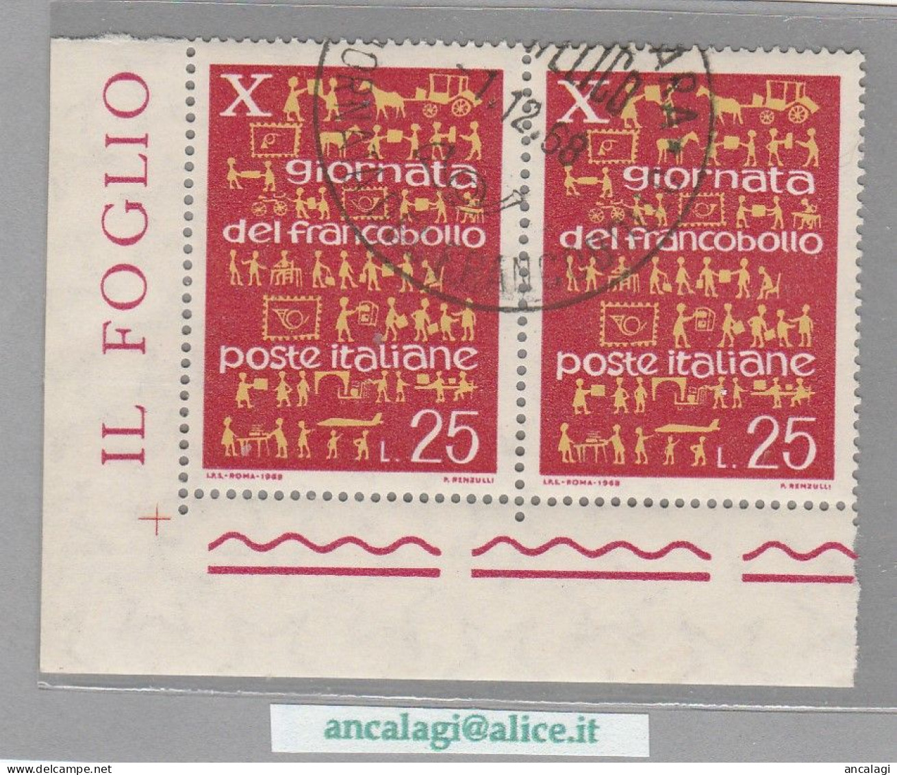 USATI ITALIA 1968 - Ref.0245 "GIORNATA DEL FRANCOBOLLO" 1 Val. In Coppia D'angolo  - - 1961-70: Afgestempeld