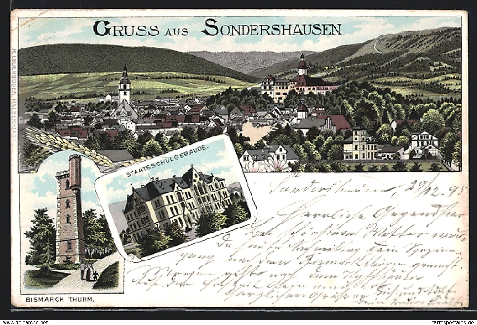 Lithographie Sondershausen / Thüringen, Gesamtansicht, Bismarckturm, Staatsschulgebäude  - Sondershausen