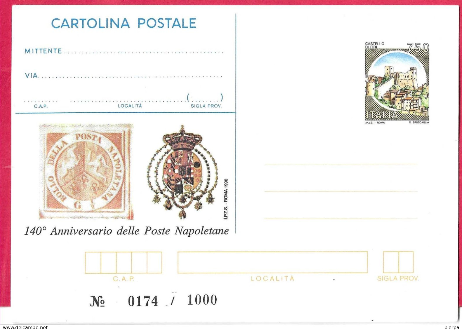 REPIQUAGE - 140° POSTE NAPOLETANE - SU INTERO CARTOLINA POSTALE CASTELLI L.750 - A TIRATURA LIMITATA - Stamped Stationery