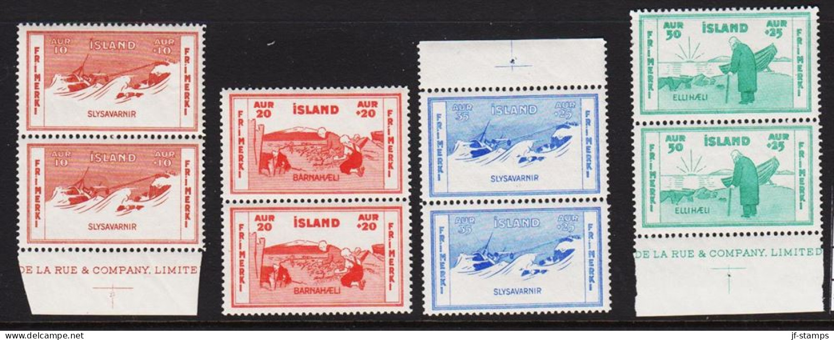 1933. ISLAND. Charity Stamps. Complete Set In Pairs Never Hinged, Two With Print In Margi... (Michel 168-171) - JF544345 - Neufs