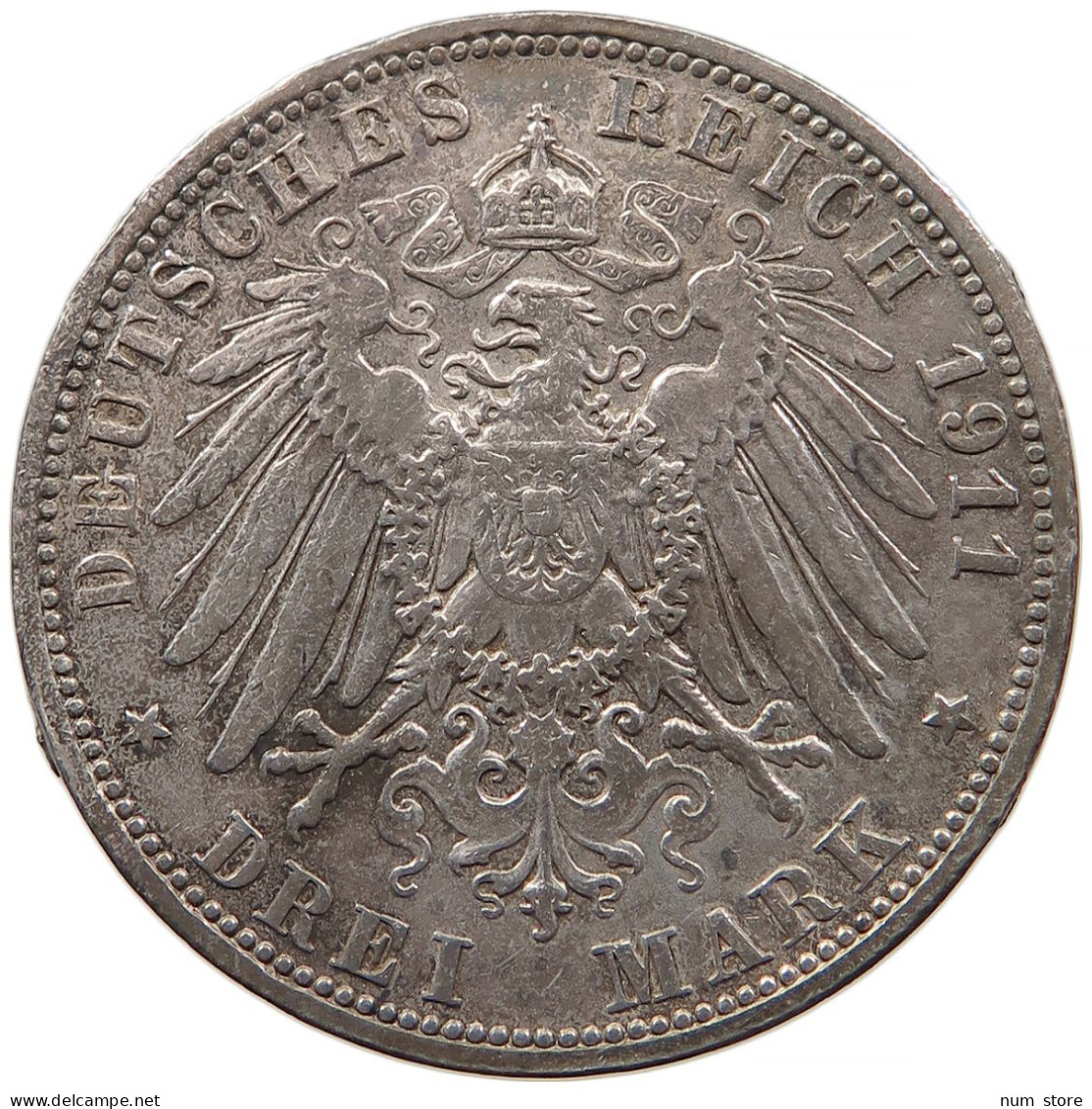 GERMANY EMPIRE 3 MARK 1911 SCHAUMBURG LIPPE REMOVED FROM MOUNTING Georg 1893-1911 #t033 0129 - 2, 3 & 5 Mark Argent