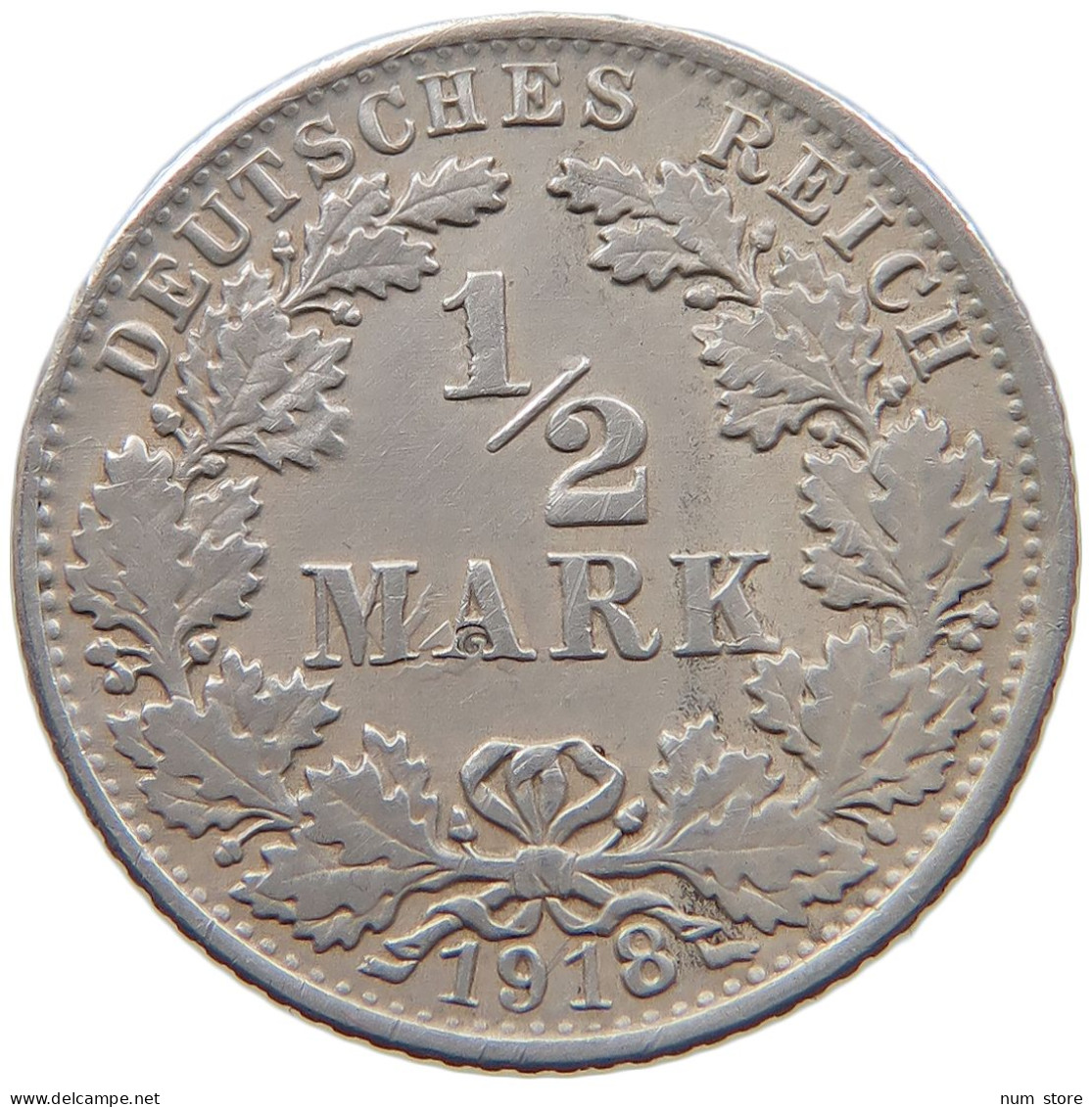 GERMANY EMPIRE 1/2 MARK 1918 G FEHLPRÄGUNG 1/2 MARK #t031 0621 - 1/2 Mark