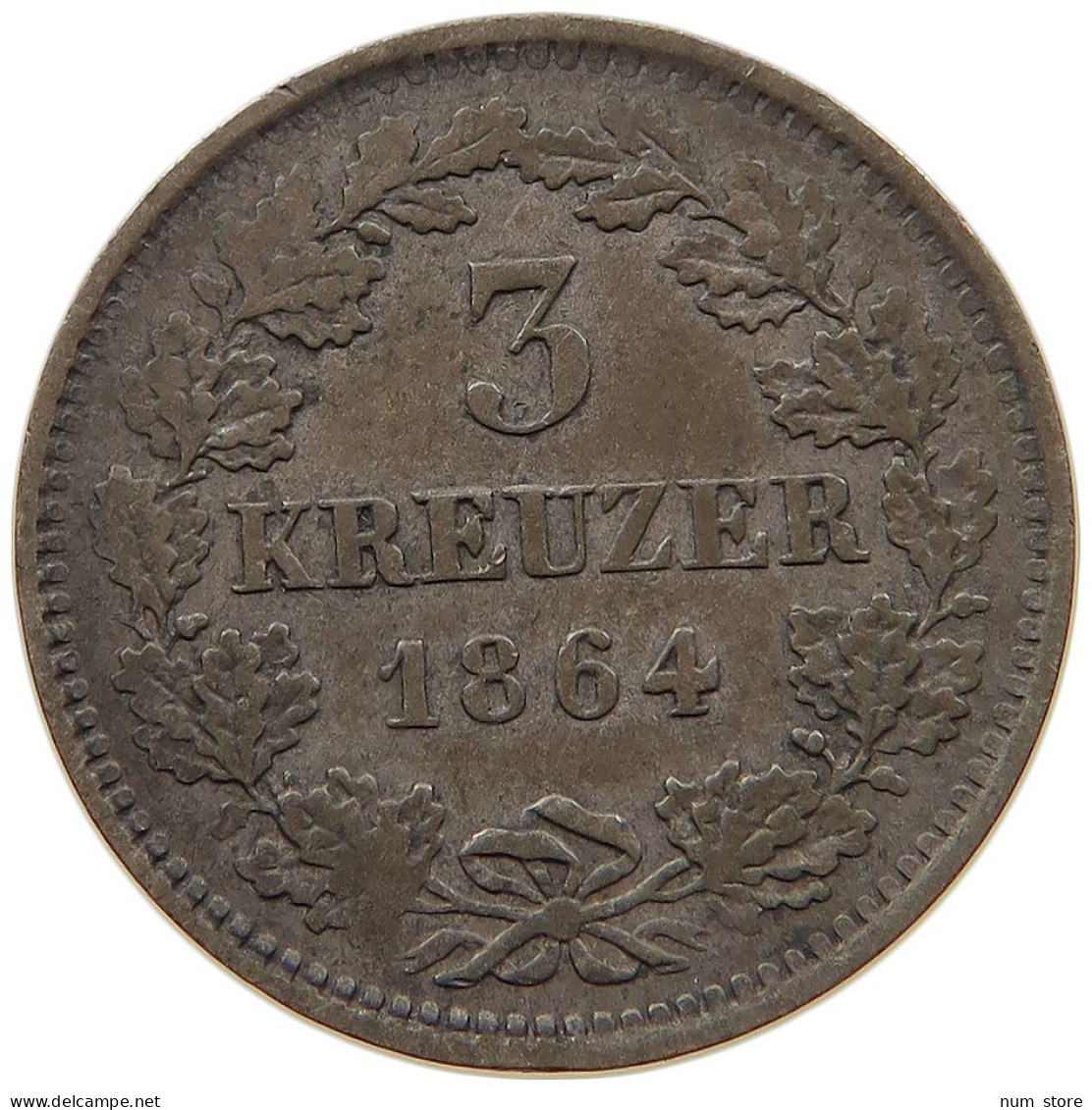 GERMAN STATES 3 KREUZER 1864 HESSEN DARMSTADT Ludwig III. 1848-1877. #t032 0911 - Groschen & Andere Kleinmünzen