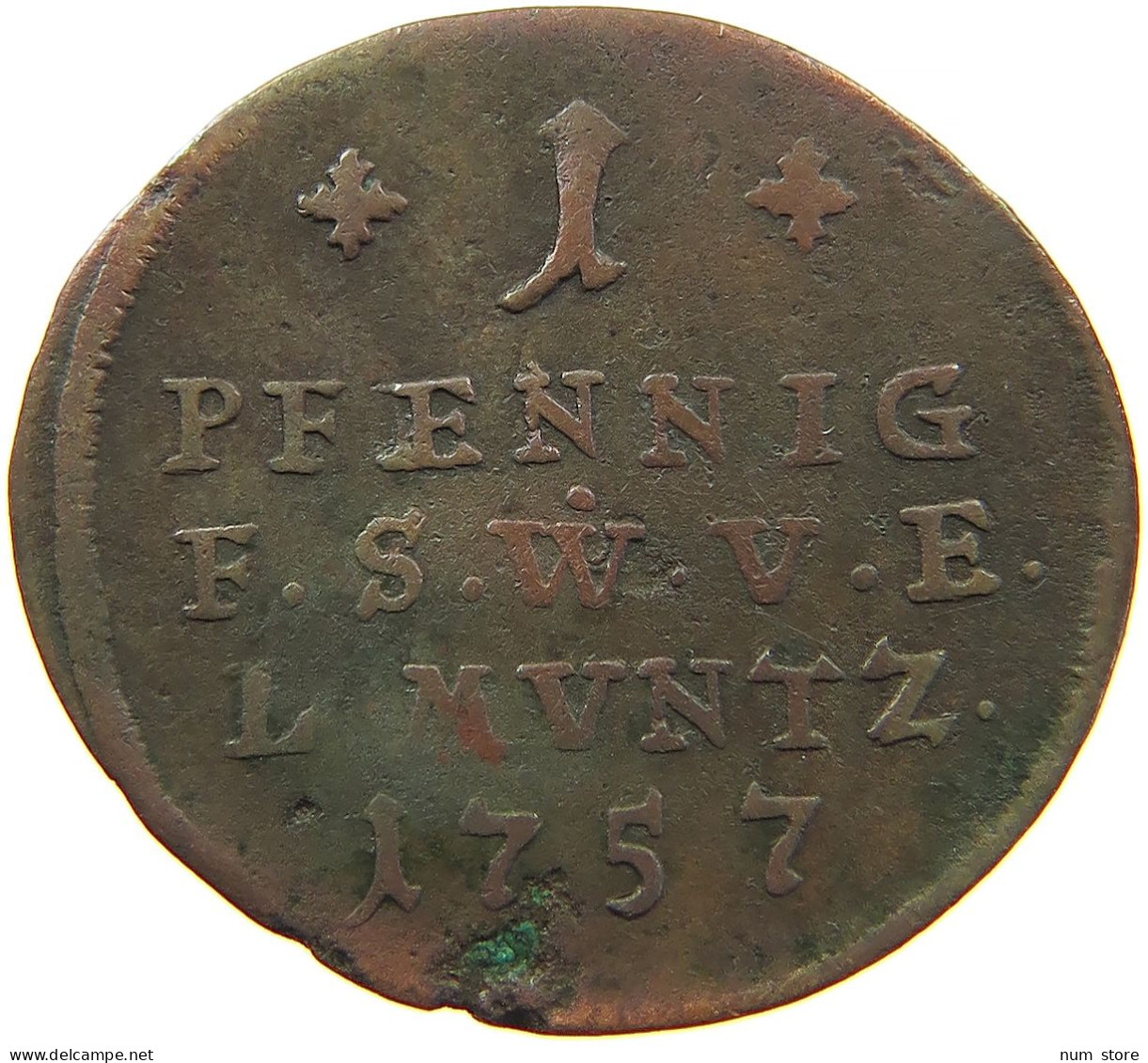 GERMAN STATES 1 PFENNIG 1757 SACHSEN WEIMAR EISENACH Ernst August Constantin 1756-1758 #t032 0997 - Small Coins & Other Subdivisions