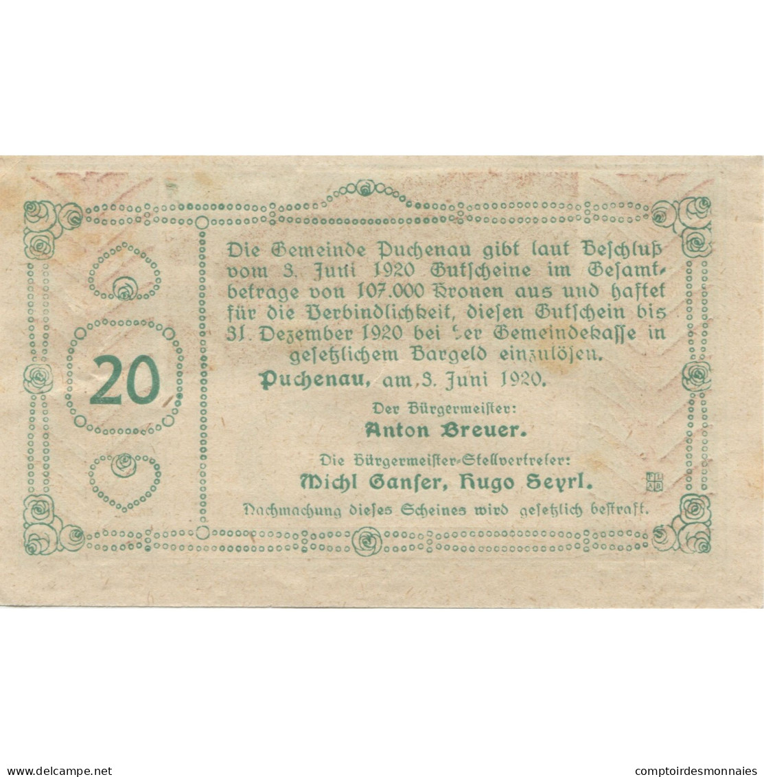 Billet, Autriche, Puchenau, 20 Heller, Parc 1920-12-31, SPL, Mehl:FS 788IIb - Autriche