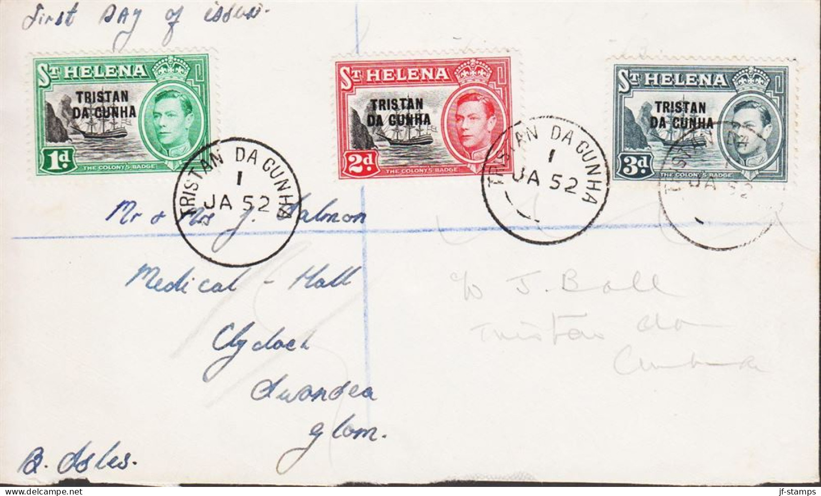 1952. TRISTAN Da CUNHA. Georg VI. THE COLONY'S BADGE. 1 D, 2 D And 3 D ST. HELENA  Overpr... (Michel 2, 4, 5) - JF544393 - Tristan Da Cunha
