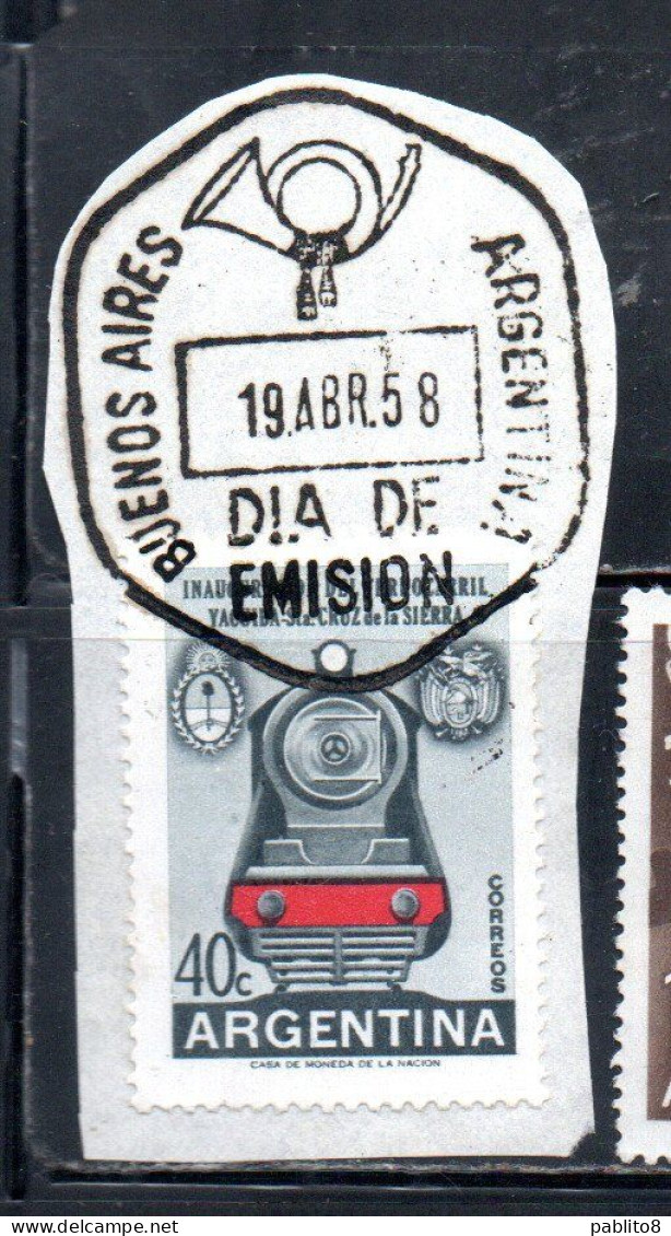 ARGENTINA 1958 ARGENTINE -BOLIVIAN FRIENSHIP JACUIBA-SANTA CRUZ RAILROAD LOCOMOTIVE ARMS 40c USED USADO OBLITERE' - Oblitérés